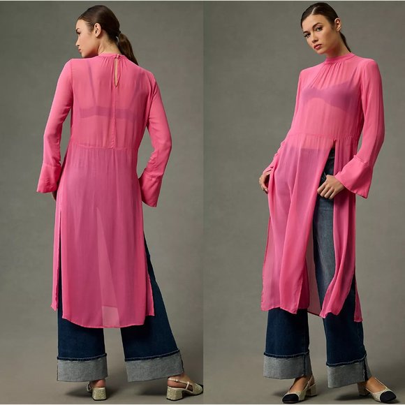 Anthropologie Pink Sheer Midi Dress - Picture 1 of 8